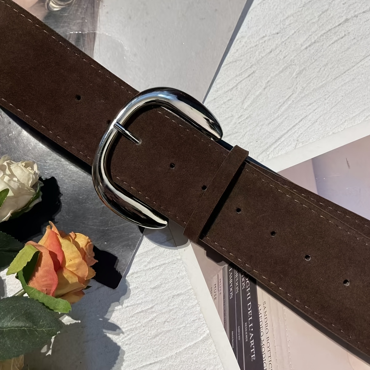 Women's Western Waist Belt Beige Velvet PU Leather Chain Retro Large Button